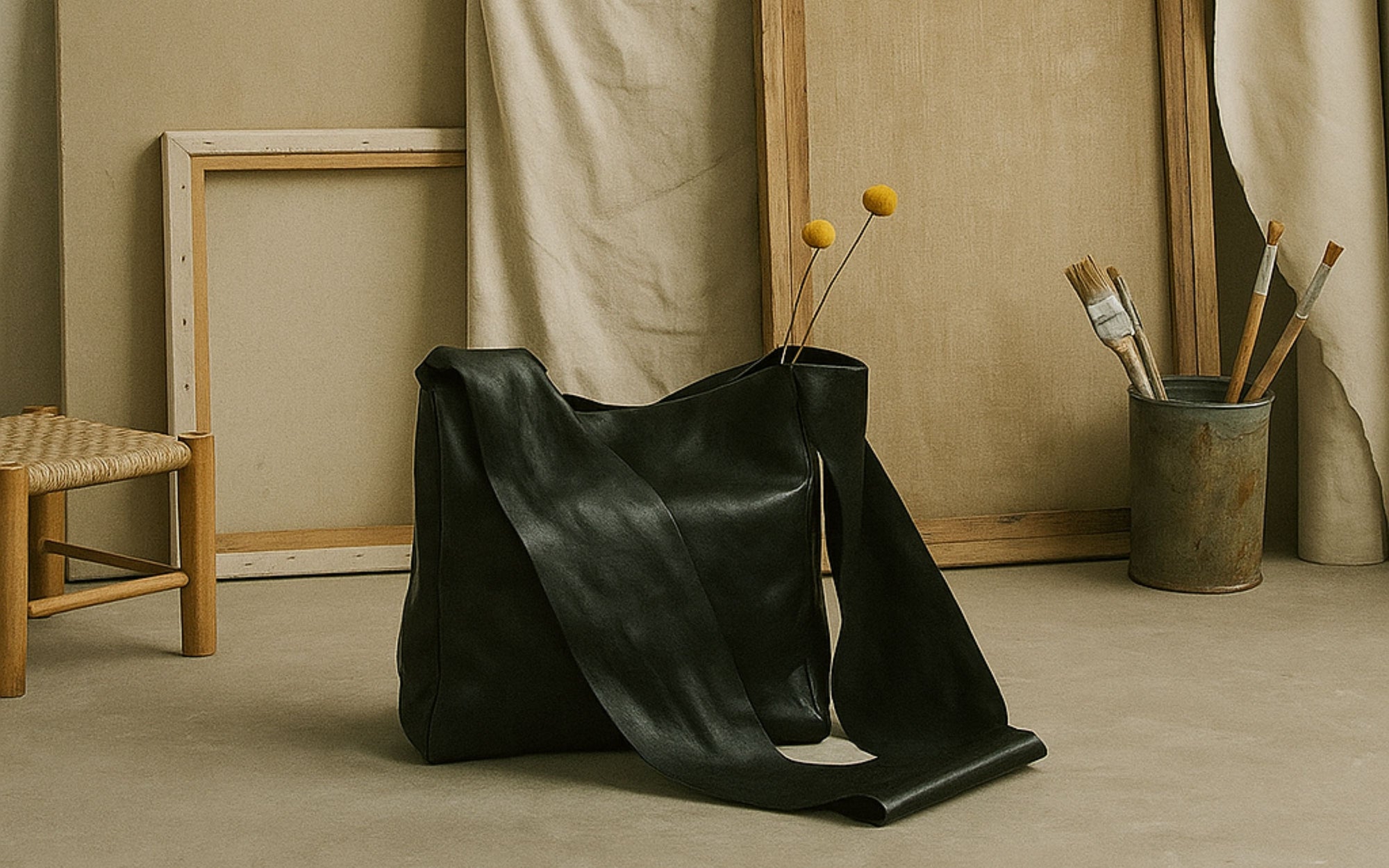 Black leather bag on a beige floor with a neutral background
